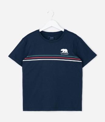 Camiseta Infantil com Listras e Urso -Tam 5 a 14 Anos