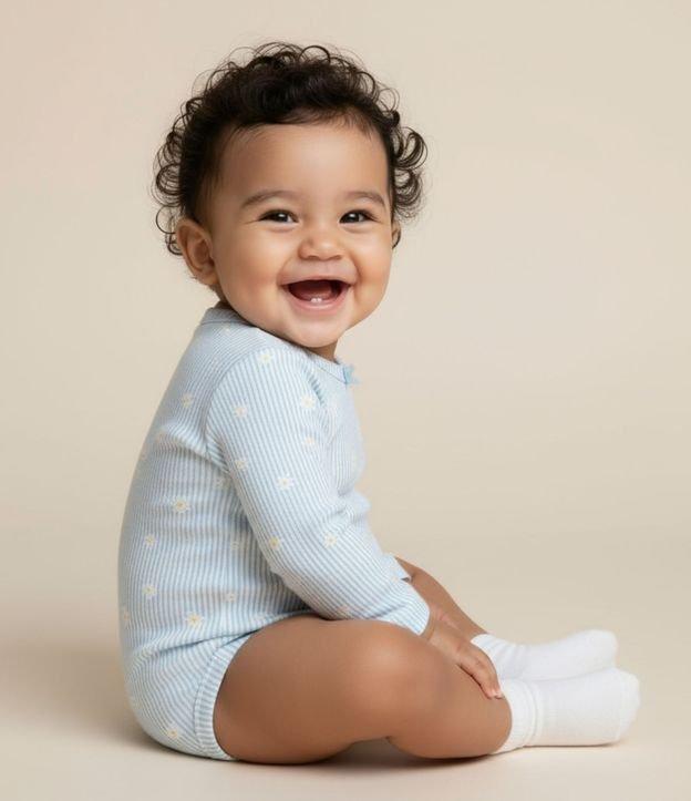 Body Infantil com Estampa Listras e Margaridas - Tam RN a 18 meses - 2