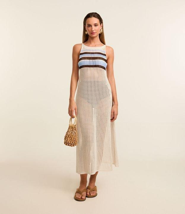 Saída de Praia Vestido Efeito Crochê com Listras Blocadas - 2