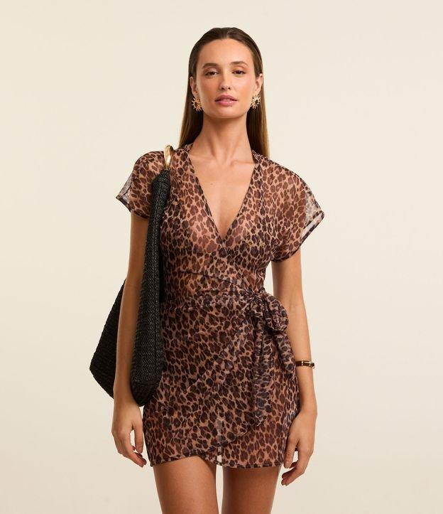 Saída de Praia Bata em Tule Animal Print Onça com Amarração Lateral - 2