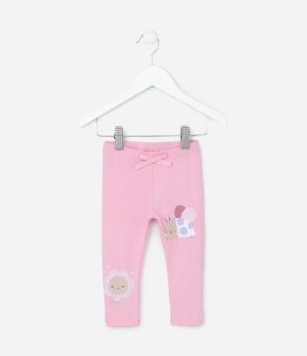 Calça Legging Infantil com Estampa Bichinho e Flor - Tam 0 a 18 meses