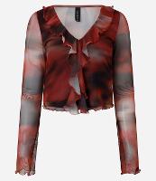 Blusa em Tule com Estampa Abstrata e Decote V com Babados - 1