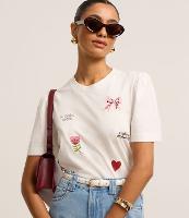 Blusa Slim em Algodão com Manga Bufante e Estampa Doodles - 1
