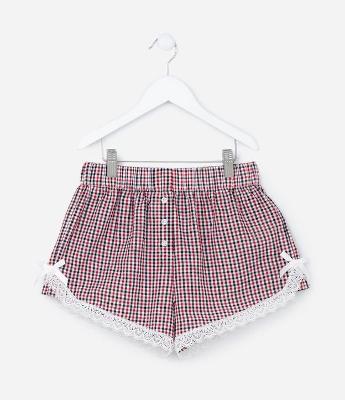Short Inafntil com Rendinha e Estampa Xadrez - Tam 5 a 14 Anos