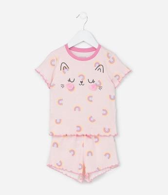 Pijama Curto Infantil com Estampa de Gatinho com Bochechas de Pompom - Tam 1 a 4 Anos