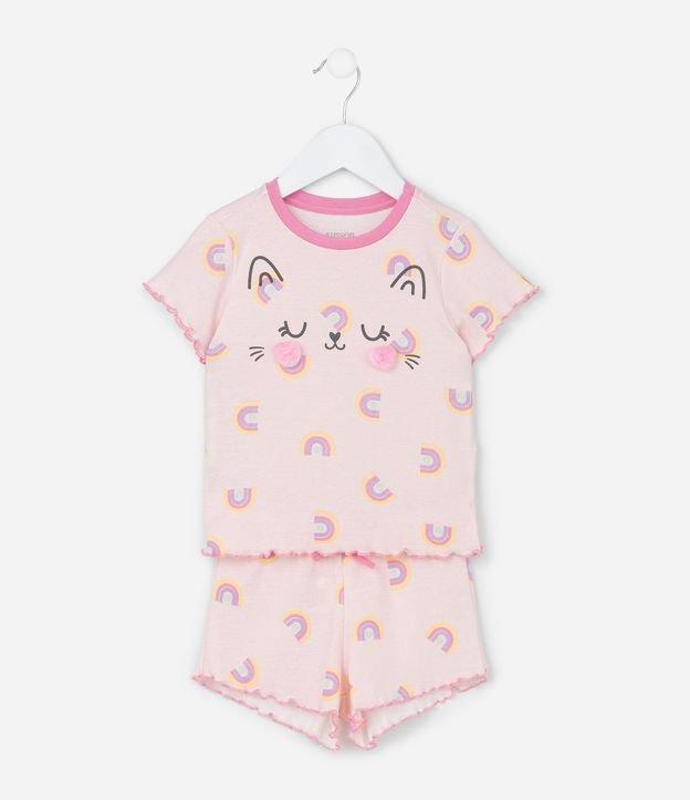 Pijama Curto Infantil com Estampa de Gatinho com Bochechas de Pompom - Tam 1 a 4 Anos - 1
