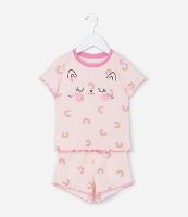 Pijama Curto Infantil com Estampa de Gatinho com Bochechas de Pompom - Tam 1 a 4 Anos - 1