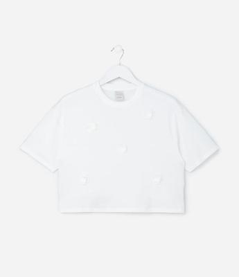 Camiseta Curta Infantil com Flores Aplicadas - Tam 5 a 14 Anos