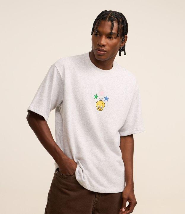 Camiseta Boxy em Moletinho Mescla com Estampa do Piu Piu e Lettering - 1