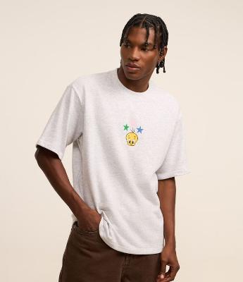 Camiseta Boxy em Moletinho Mescla com Estampa do Piu Piu e Lettering