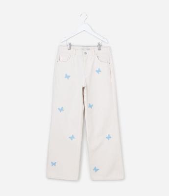 Calça Infantil Reta em Jeans com Bordado de Borboleta - Tam 5 A 14 Anos