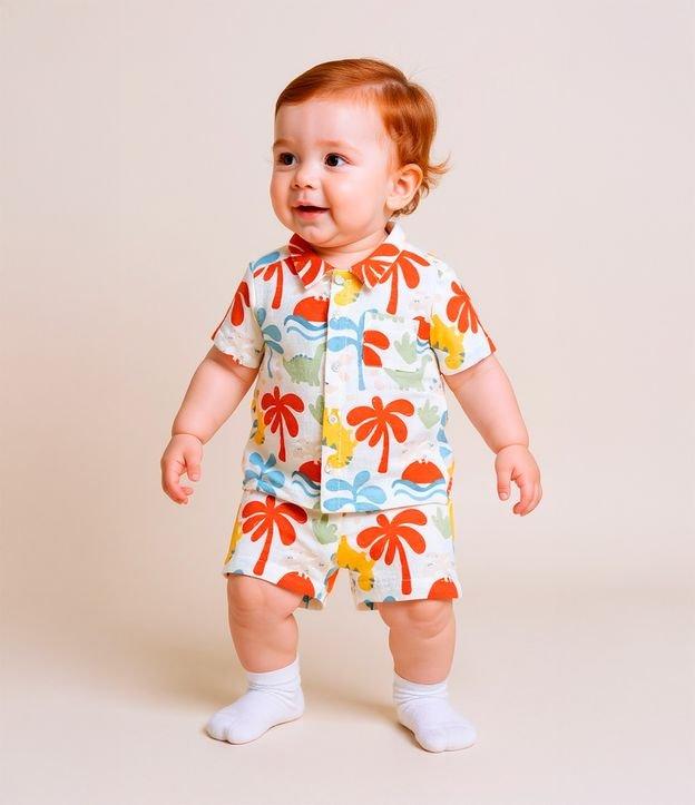 Conjunto Infantil em Tricoline Estampado de Dinossauro e Palmeira - Tam 0 a 18 meses - 2