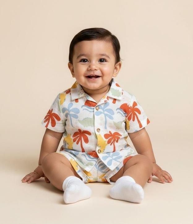 Conjunto Infantil em Tricoline Estampado de Dinossauro e Palmeira - Tam 0 a 18 meses - 3