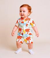 Conjunto Infantil em Tricoline Estampado de Dinossauro e Palmeira - Tam 0 a 18 meses - 2