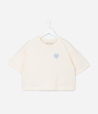 Camiseta Boxy Curta Infantil com Bordado Coração - Tam 5 a 14 Anos