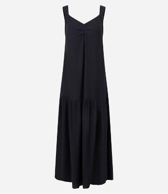 Vestido Evasê Longo em Crepe com Franzido no Busto