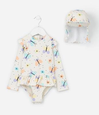 Conjunto Infantil com Maiô e Chapéu com Estampa de Borboletas - Tam 1 a 4 anos