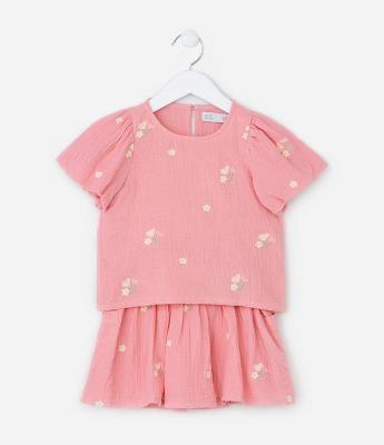 Conjunto Infantil Texturizado com Bordado Florzinhas - Tam 1 a 6 Anos