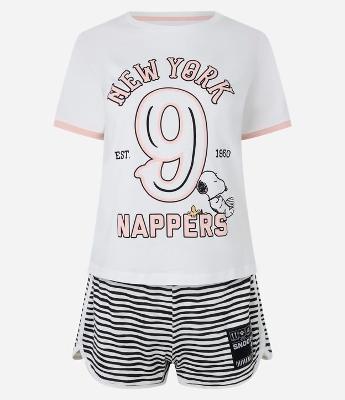 Pijama Short Doll em Algodão com Estampa Snoopy e Short Listrado