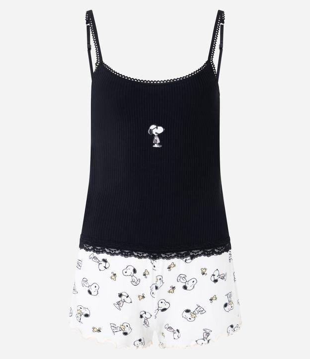 Pijama Short Doll em Ribana com Estampa Snoopy e Alças Finas - 1