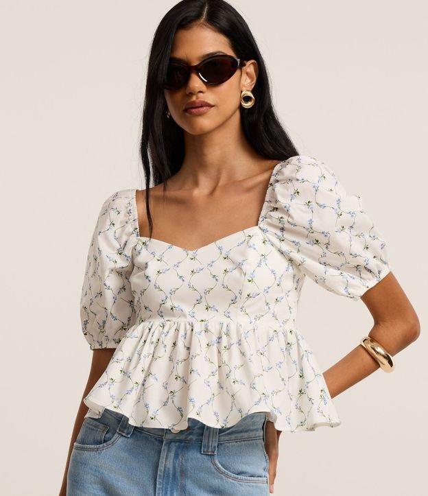 Blusa Peplum em Tricoline com Manga Bufante e Estampa Floral - 1