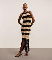 Vestido Longo Listrado em Tricô com Efeito Crochê e Franjas - 1