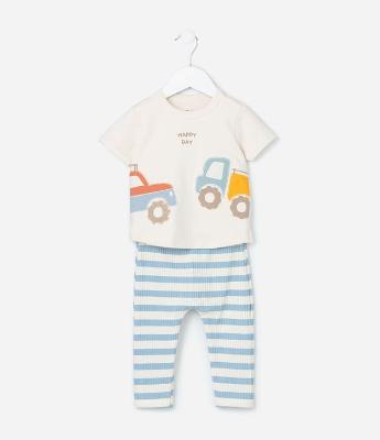Conjunto Infantil em Moletinho com Estampa de Carrinhos e Listras - Tam 0 a 18 meses