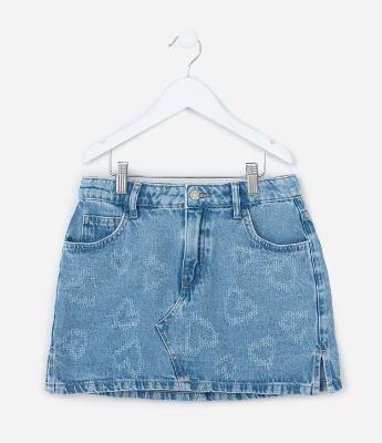 Saia Infantil Jeans com Puídos em Forma de Coração - Tam 7 a 14 Anos
