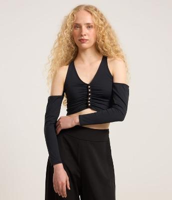Blusa Super Cropped em Microfibra com Recorte nos Ombros