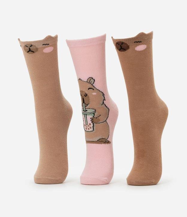 Kit 03 Meias Cano Alto em Algodão com Estampa Capivara Milk Shake - 1