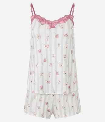 Pijama Short Doll em Viscose com Estampa Listrada e Floral
