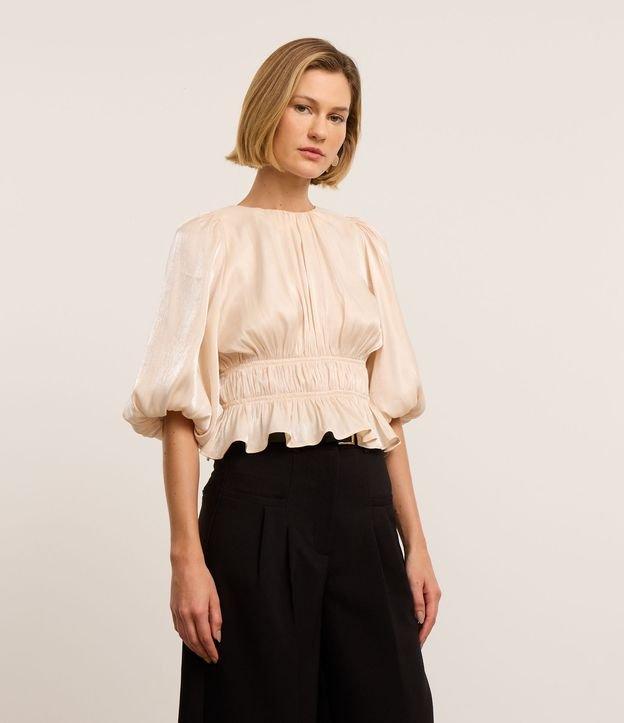 Blusa Bata em Cetim com Manga Bufante e Elástico Duplo na Cintura - 1