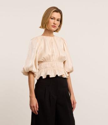 Blusa Bata em Cetim com Manga Bufante e Elástico Duplo na Cintura