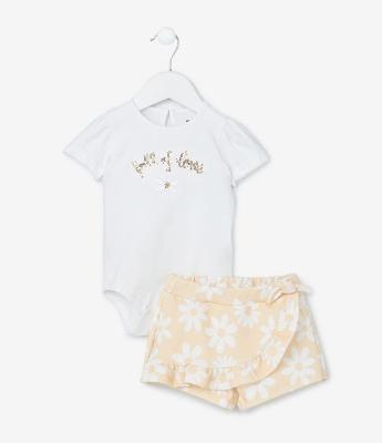 Conjunto Infantil com Body e Short Saia Estampado Floral - Tam 0 a 18 meses