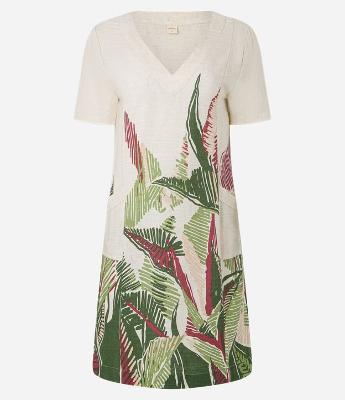 Vestido T-Shirt Curto em Viscolinho com Estampa Folhagem