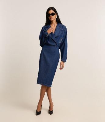 Vestido Curto em Jeans com Gola Lapela e Saia Lápis