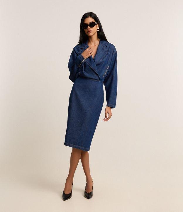 Vestido Curto em Jeans com Gola Lapela e Saia Lápis - 1