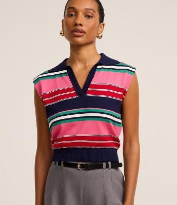 Blusa em Tricô com Gola Polo e Listras de Blocos de Cor