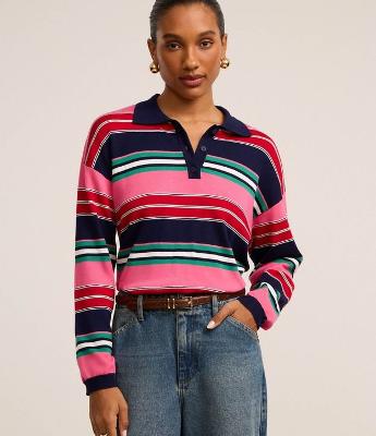 Blusa em Tricô com Gola Polo e Listras de Blocos de Cores