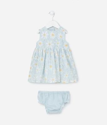 Vestido Infantil em Broderie Estampado de Margaridas com Calcinha - Tam 0 a 18 meses