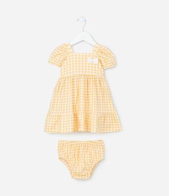 Vestido Infantil com Manga Bufante Estampa Xadrez e Lacinho - Tam 0 a 18 meses