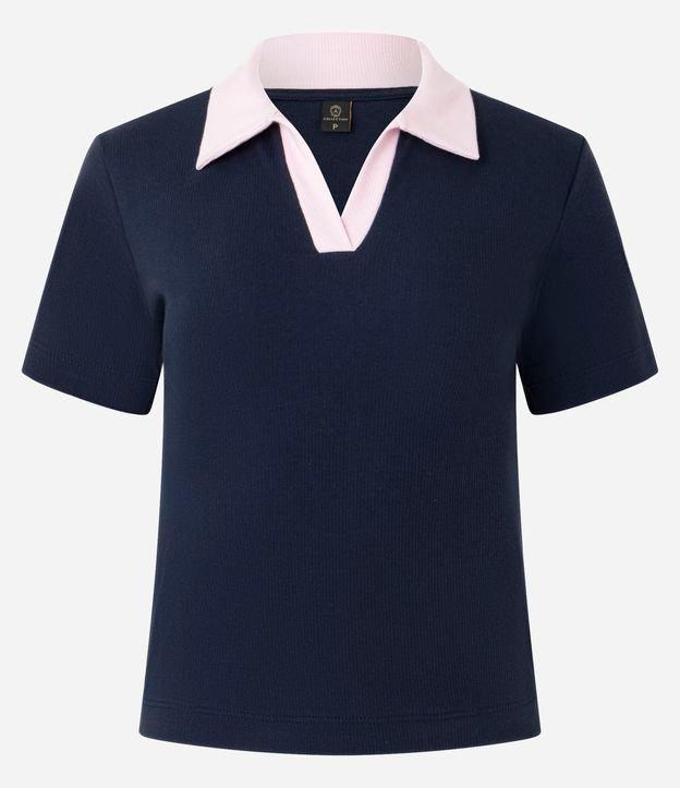 Blusa Canelada em Ribana com Gola Polo Contrastante - 1