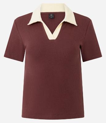 Blusa Canelada em Ribana com Gola Polo Contrastante