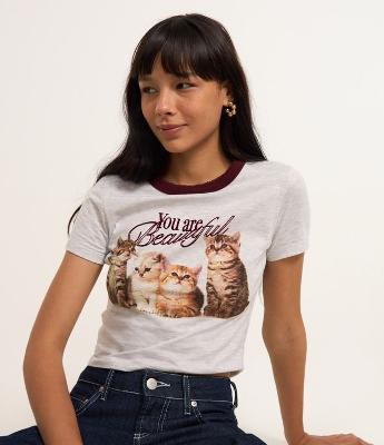 Blusa Baby Look em Algodão com Estampa Gatinhos