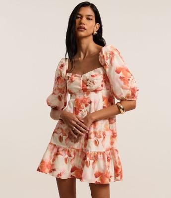 Vestido Curto em Algodão com Manga Bufante e Estampa Floral