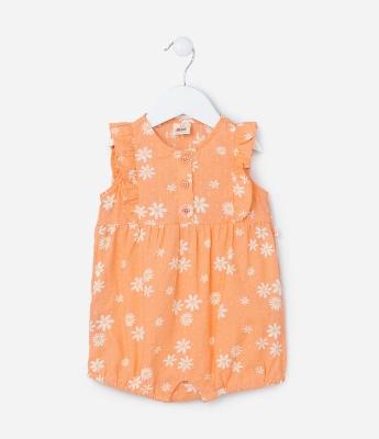 Macaquinho Infantil em Tricoline Floral com Babados - Tam 0 a 18 meses