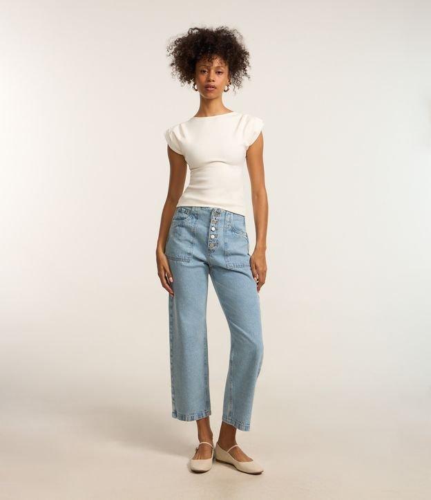 Calça Reta em Jeans com Cintura Baixa e Botões - 1