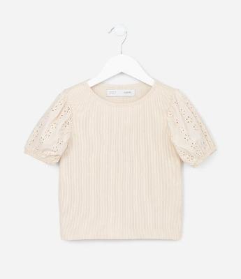 Blusa Infantil em Ribana com Broderie na Manga - Tam 5 a 14 Anos