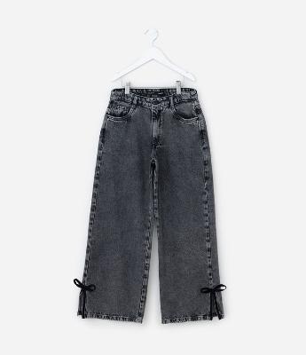 Calça Wide Leg Infantil em Jeans com Abertura na Barra e Laço - Tam 5 A 14 Anos