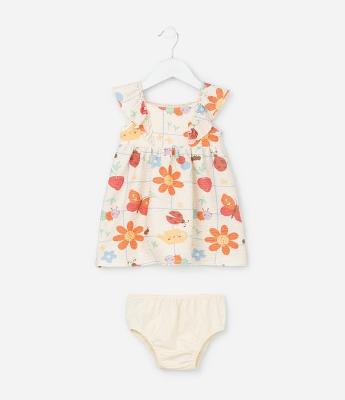Vestido Infantil Texturizado Estampa Flores e Bichinhos - Tam 0 a 18 meses
